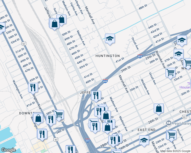 map of restaurants, bars, coffee shops, grocery stores, and more near 651 40th Street in Newport News