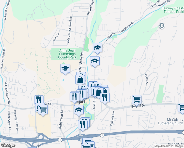 map of restaurants, bars, coffee shops, grocery stores, and more near 3300 North Main Street in Soquel