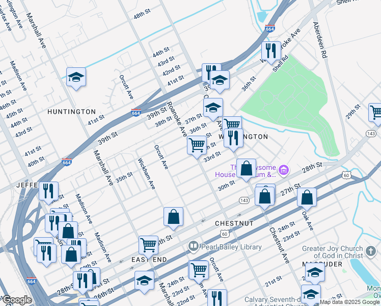 map of restaurants, bars, coffee shops, grocery stores, and more near 3403 Roanoke Avenue in Newport News