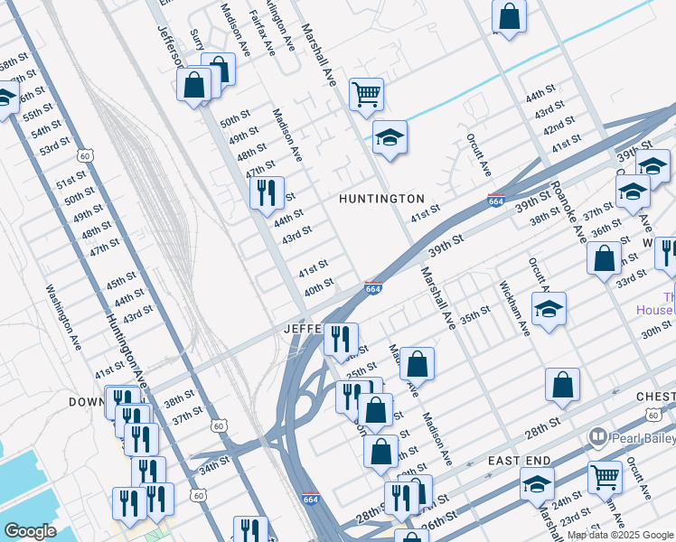 map of restaurants, bars, coffee shops, grocery stores, and more near 651 40th Street in Newport News