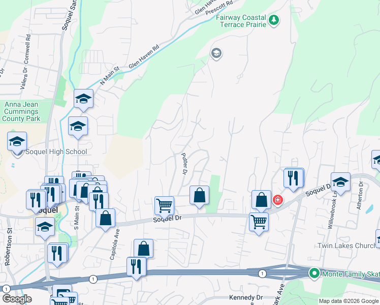 map of restaurants, bars, coffee shops, grocery stores, and more near 5425 Jigger Drive in Soquel