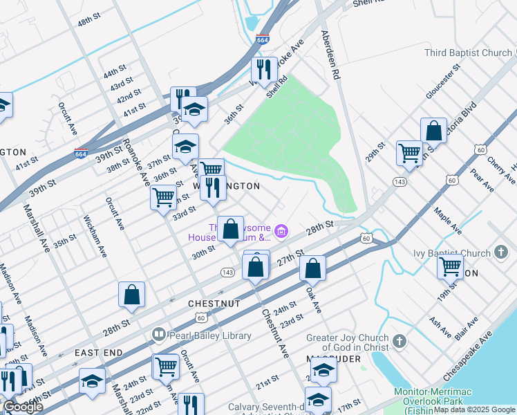 map of restaurants, bars, coffee shops, grocery stores, and more near 1236 31st Street in Newport News