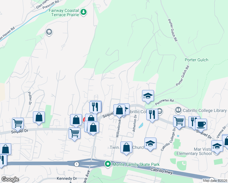 map of restaurants, bars, coffee shops, grocery stores, and more near 3124 McGlenn Drive in Aptos