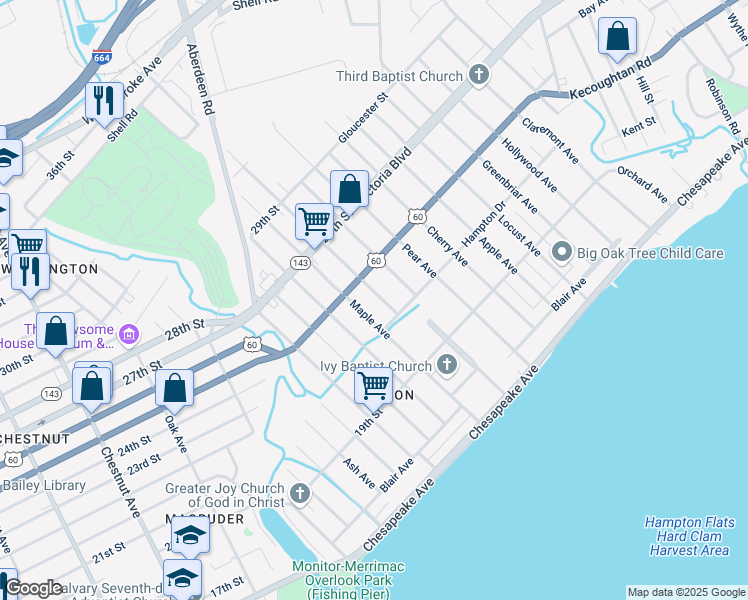 map of restaurants, bars, coffee shops, grocery stores, and more near 225 Pine Avenue in Newport News