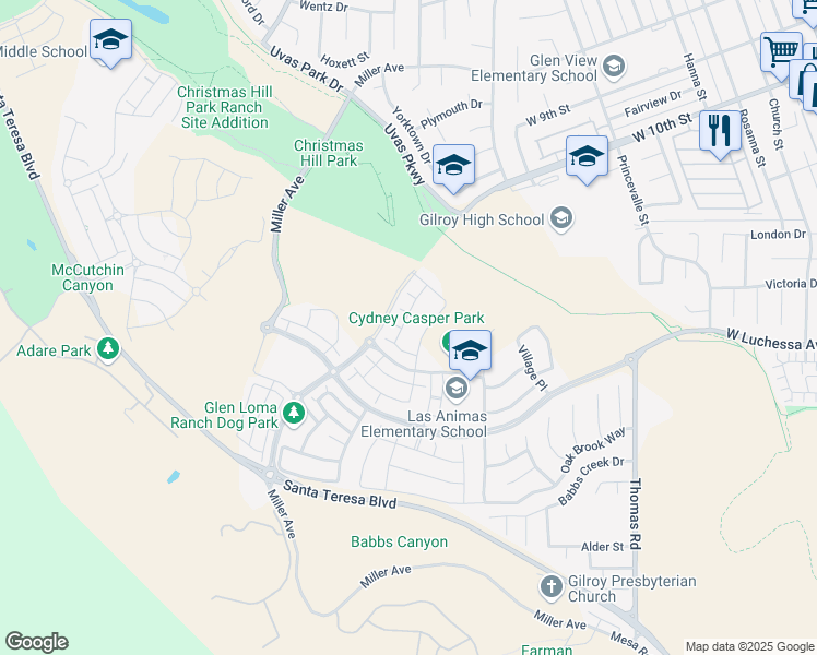 map of restaurants, bars, coffee shops, grocery stores, and more near 6630 Bogiala Way in Gilroy