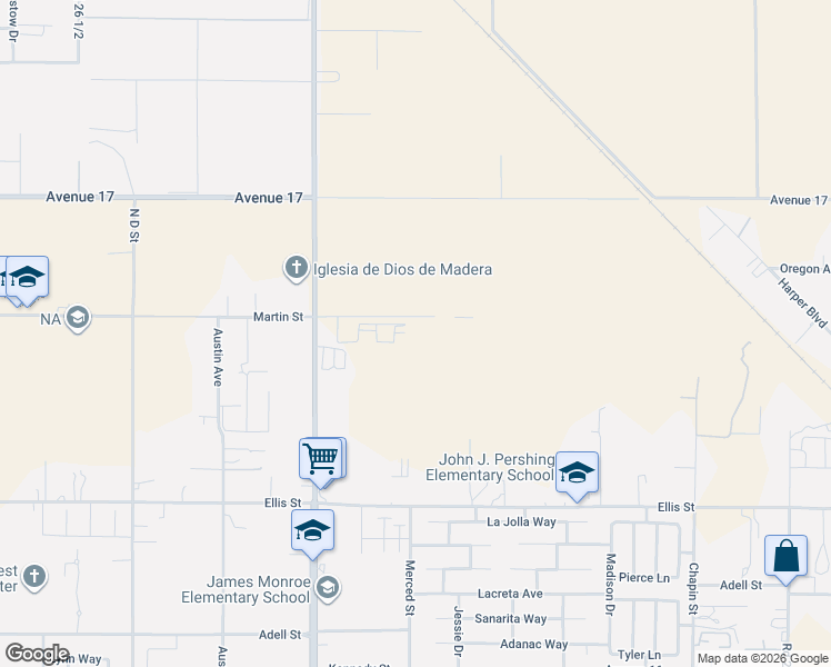map of restaurants, bars, coffee shops, grocery stores, and more near 16703 North Lake Street in Madera