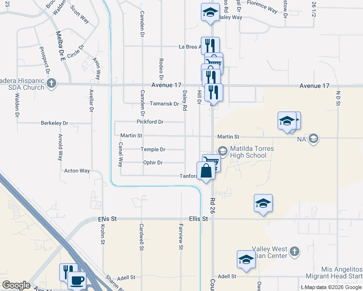 map of restaurants, bars, coffee shops, grocery stores, and more near 16665 Daley Road in Madera