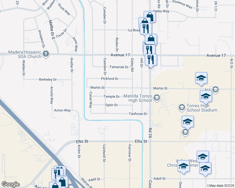 map of restaurants, bars, coffee shops, grocery stores, and more near 25792 Temple Drive in Madera