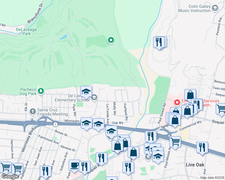map of restaurants, bars, coffee shops, grocery stores, and more near 119 Camino Del Sol in Santa Cruz