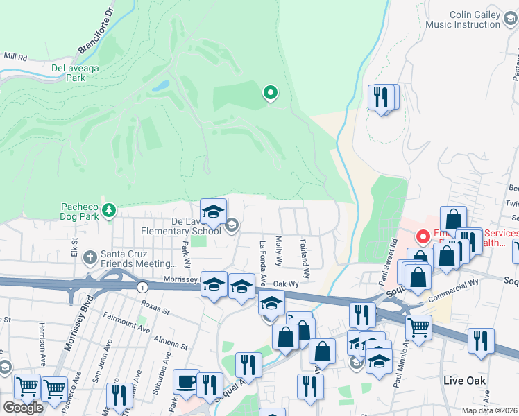 map of restaurants, bars, coffee shops, grocery stores, and more near 887 Prospect Heights in Santa Cruz
