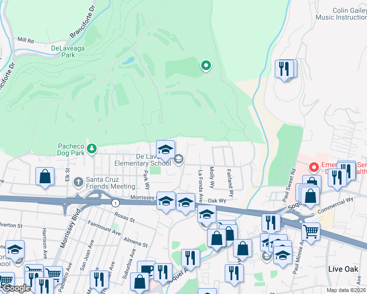 map of restaurants, bars, coffee shops, grocery stores, and more near 761 Prospect Heights in Santa Cruz