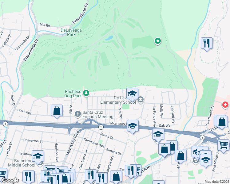 map of restaurants, bars, coffee shops, grocery stores, and more near 516 Prospect Heights in Santa Cruz