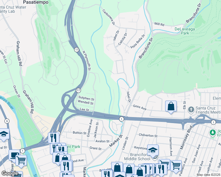 map of restaurants, bars, coffee shops, grocery stores, and more near 1080 Emeline Avenue in Santa Cruz