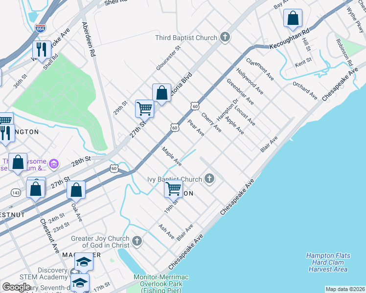 map of restaurants, bars, coffee shops, grocery stores, and more near 1890 Hampton Avenue in Newport News