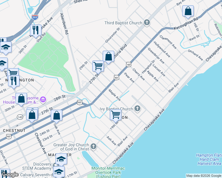 map of restaurants, bars, coffee shops, grocery stores, and more near 215 Maple Avenue in Newport News
