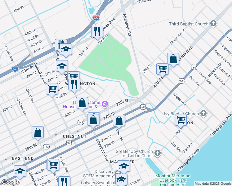 map of restaurants, bars, coffee shops, grocery stores, and more near 2822 Short Street in Newport News