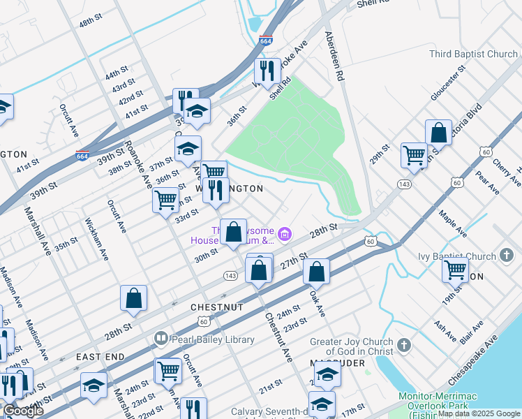 map of restaurants, bars, coffee shops, grocery stores, and more near 1236 31st Street in Newport News