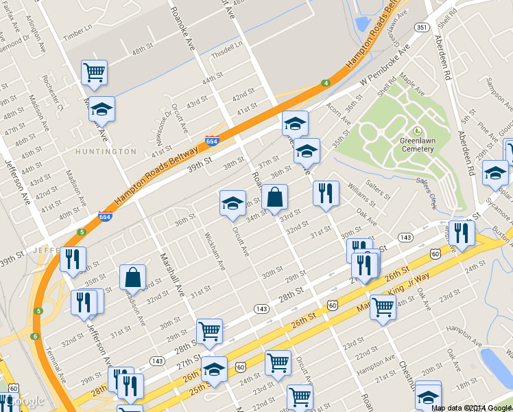 map of restaurants, bars, coffee shops, grocery stores, and more near 1044 34th Street in Newport News