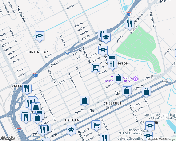 map of restaurants, bars, coffee shops, grocery stores, and more near 1011 34th Street in Newport News