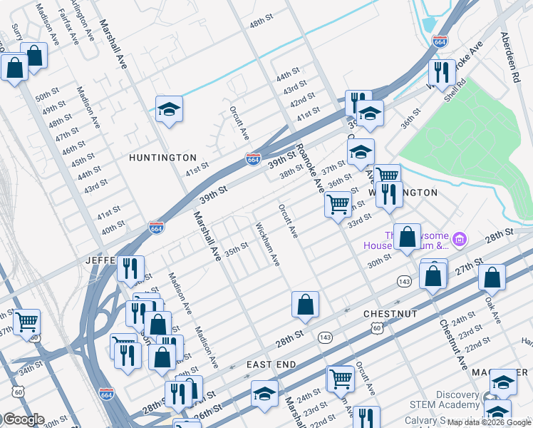 map of restaurants, bars, coffee shops, grocery stores, and more near 870 36th Street in Newport News