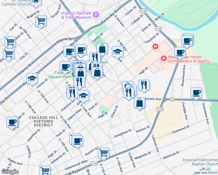 map of restaurants, bars, coffee shops, grocery stores, and more near 758 Park Street in Bowling Green