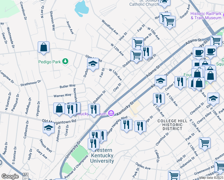 map of restaurants, bars, coffee shops, grocery stores, and more near 1362 Clay Street in Bowling Green