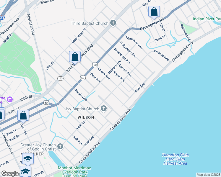 map of restaurants, bars, coffee shops, grocery stores, and more near 101 Pear Avenue in Newport News