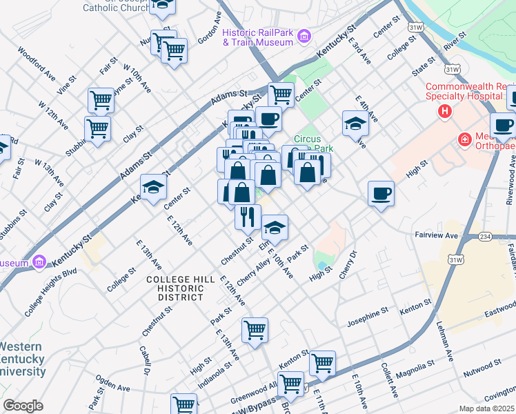map of restaurants, bars, coffee shops, grocery stores, and more near 522 Morris Alley in Bowling Green