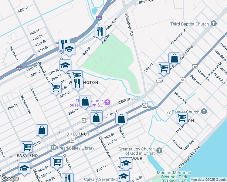 map of restaurants, bars, coffee shops, grocery stores, and more near 1349 29th Street in Newport News