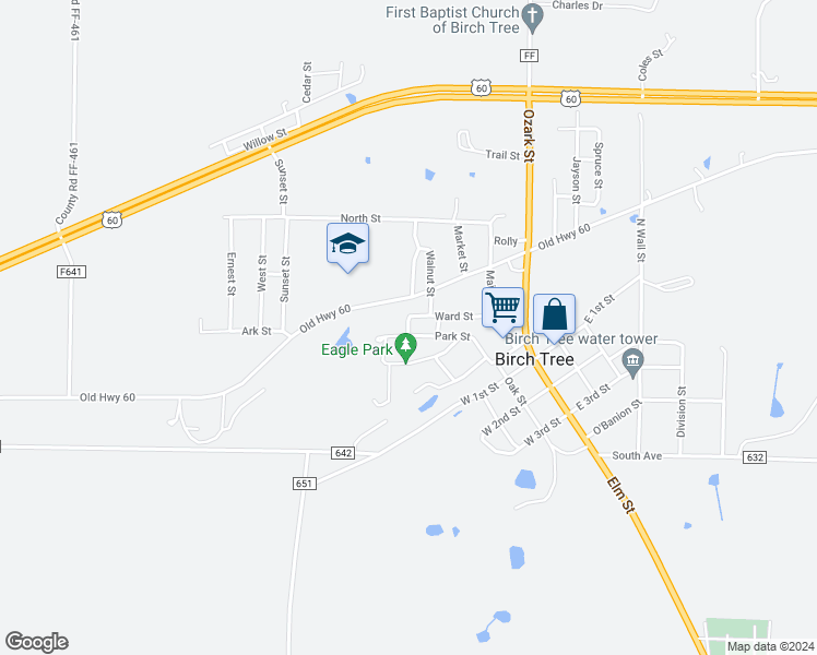 map of restaurants, bars, coffee shops, grocery stores, and more near Lindell Street in Birch Tree