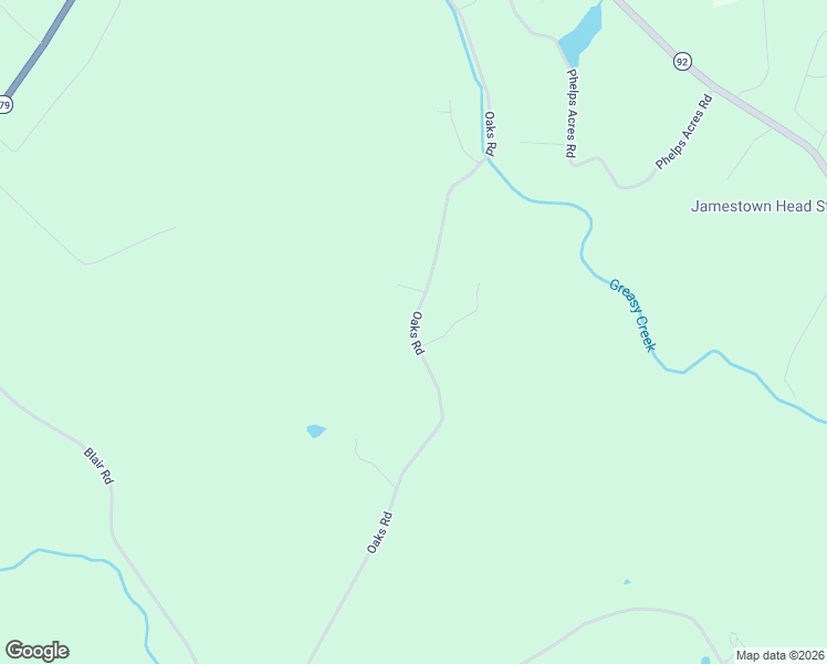 map of restaurants, bars, coffee shops, grocery stores, and more near Oaks Road in Jamestown