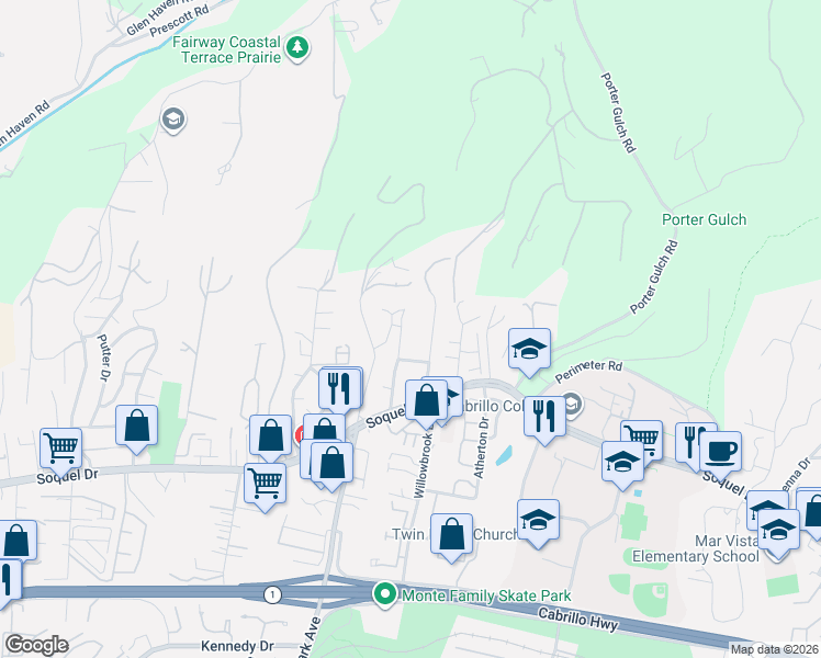 map of restaurants, bars, coffee shops, grocery stores, and more near 3140 McGlenn Drive in Aptos