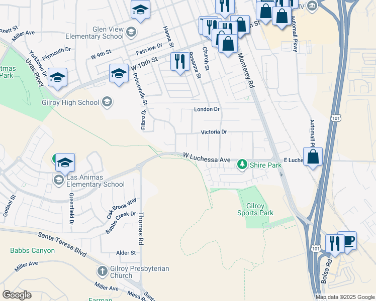 map of restaurants, bars, coffee shops, grocery stores, and more near 6490 Kings Place in Gilroy