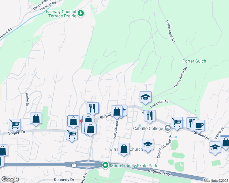 map of restaurants, bars, coffee shops, grocery stores, and more near 3363 Merrill Road in Aptos
