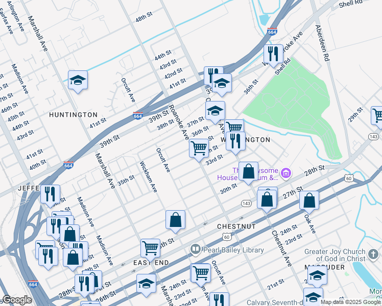 map of restaurants, bars, coffee shops, grocery stores, and more near 3409 Roanoke Avenue in Newport News