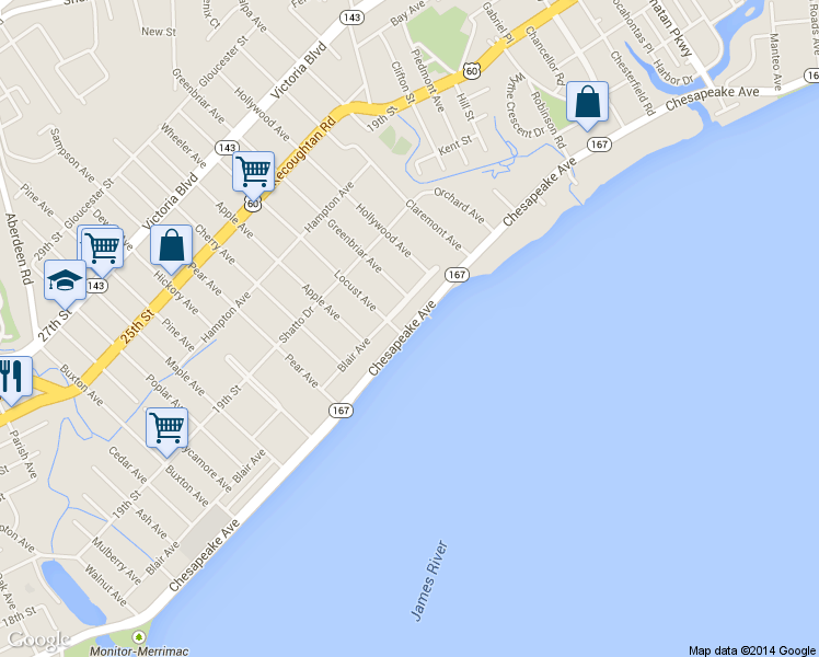map of restaurants, bars, coffee shops, grocery stores, and more near 1014 Chesapeake Avenue in Hampton