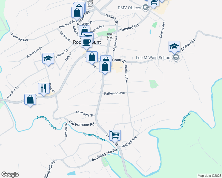 map of restaurants, bars, coffee shops, grocery stores, and more near 58-198 Patterson Avenue in Rocky Mount