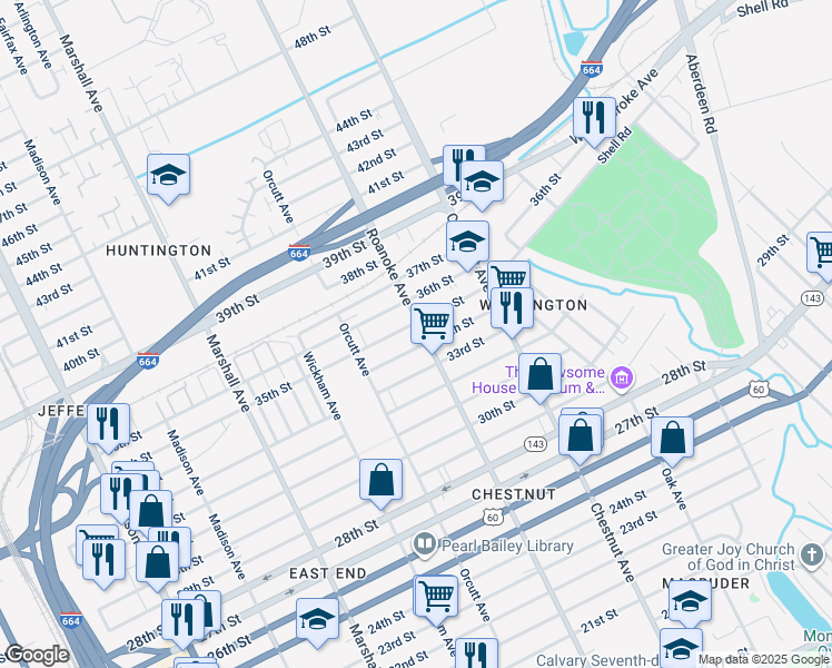map of restaurants, bars, coffee shops, grocery stores, and more near 3409 Roanoke Avenue in Newport News