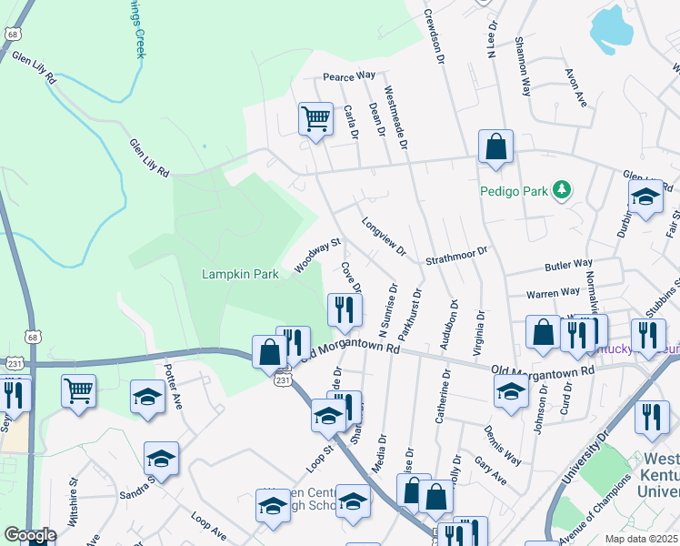 map of restaurants, bars, coffee shops, grocery stores, and more near 1413 Cove Drive in Bowling Green