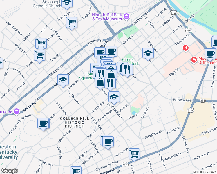 map of restaurants, bars, coffee shops, grocery stores, and more near 446 East Main Avenue in Bowling Green