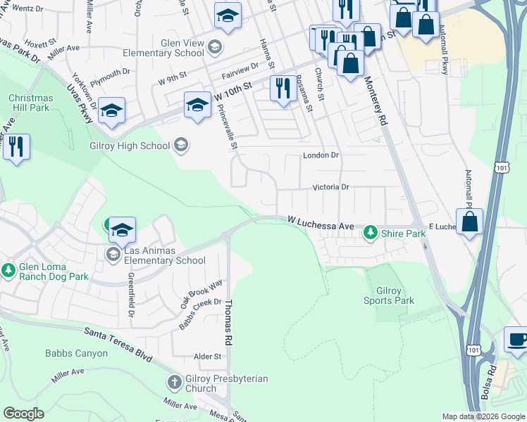 map of restaurants, bars, coffee shops, grocery stores, and more near 690 Antonio Court in Gilroy