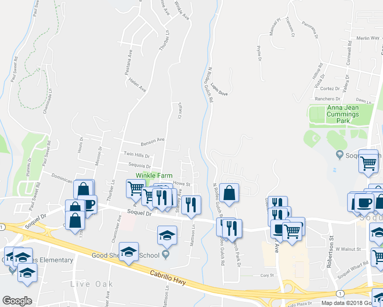 map of restaurants, bars, coffee shops, grocery stores, and more near 3513 Dover Drive in Santa Cruz
