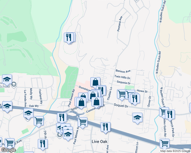 map of restaurants, bars, coffee shops, grocery stores, and more near 3378 Houts Drive in Santa Cruz
