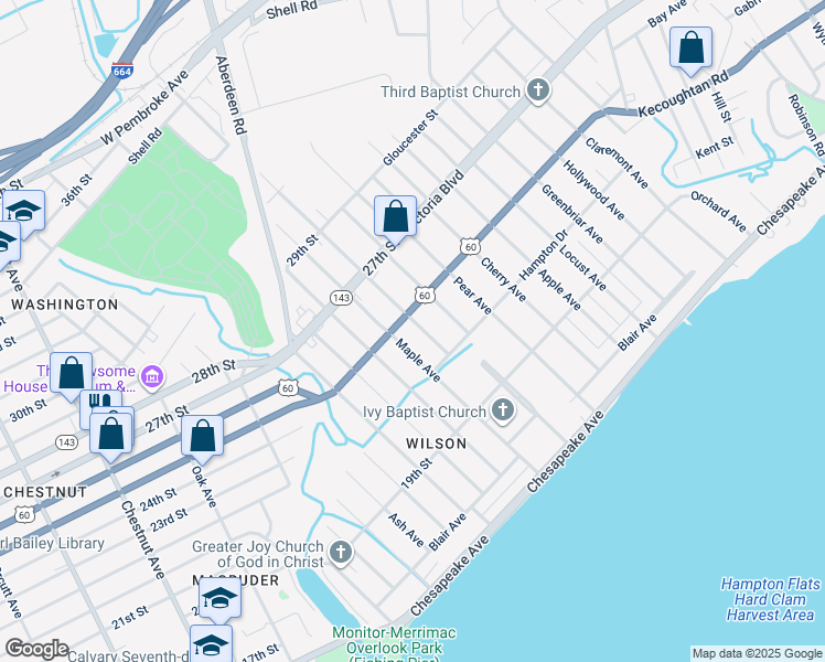 map of restaurants, bars, coffee shops, grocery stores, and more near 237 Pine Avenue in Newport News