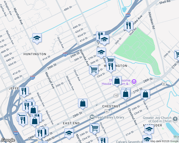 map of restaurants, bars, coffee shops, grocery stores, and more near 3506 Roanoke Avenue in Newport News