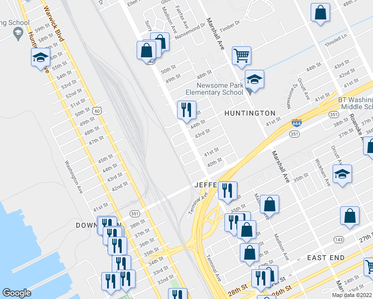 map of restaurants, bars, coffee shops, grocery stores, and more near 555 42nd Street in Newport News