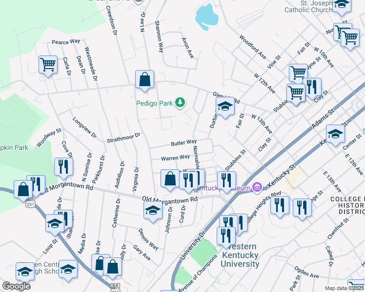 map of restaurants, bars, coffee shops, grocery stores, and more near 167 Butler Way in Bowling Green