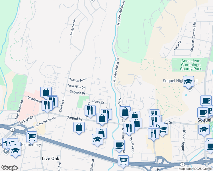 map of restaurants, bars, coffee shops, grocery stores, and more near 3500 Dover Drive in Santa Cruz