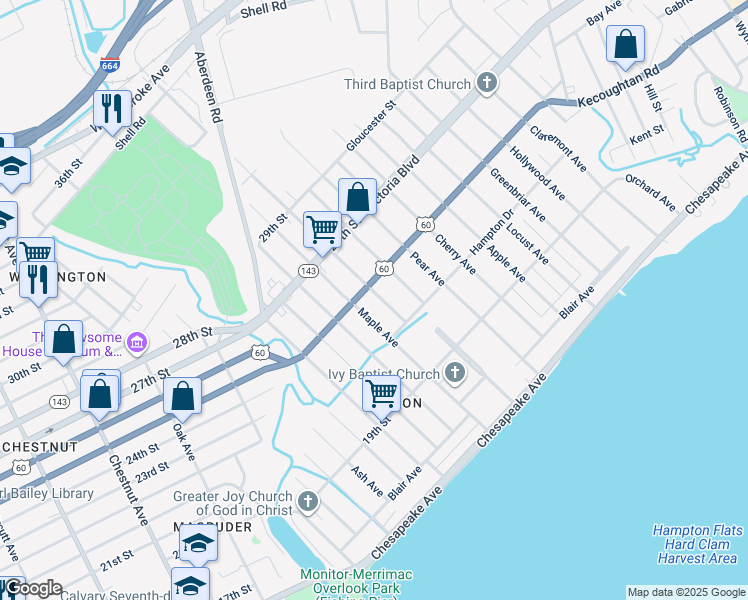map of restaurants, bars, coffee shops, grocery stores, and more near 237 Pine Avenue in Newport News