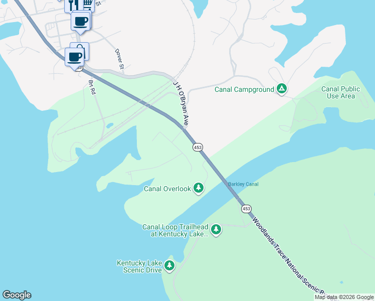 map of restaurants, bars, coffee shops, grocery stores, and more near Dover Road in Grand Rivers